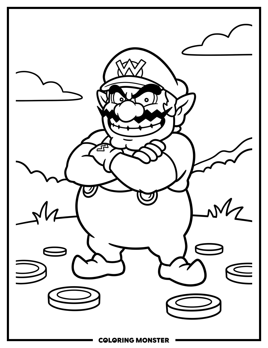 Wario With Crossed Arms Coloring Page