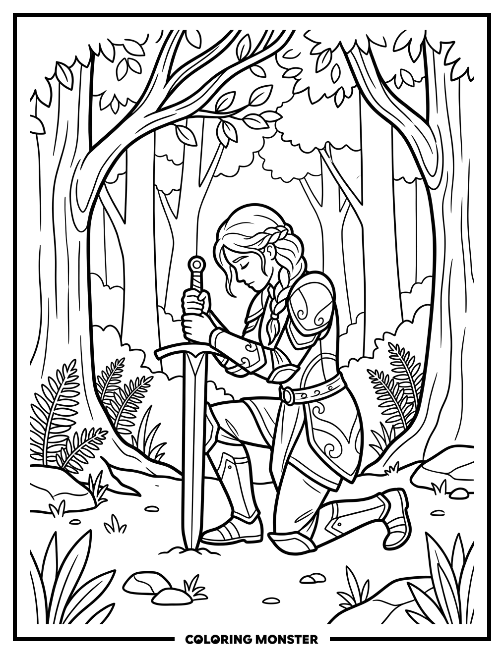 Warrior Kneeling in Prayer Coloring Page