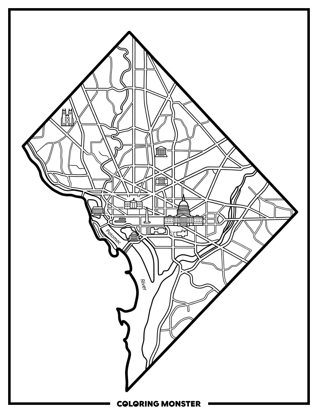 Washington D.C. Landmarks Outline Coloring Page