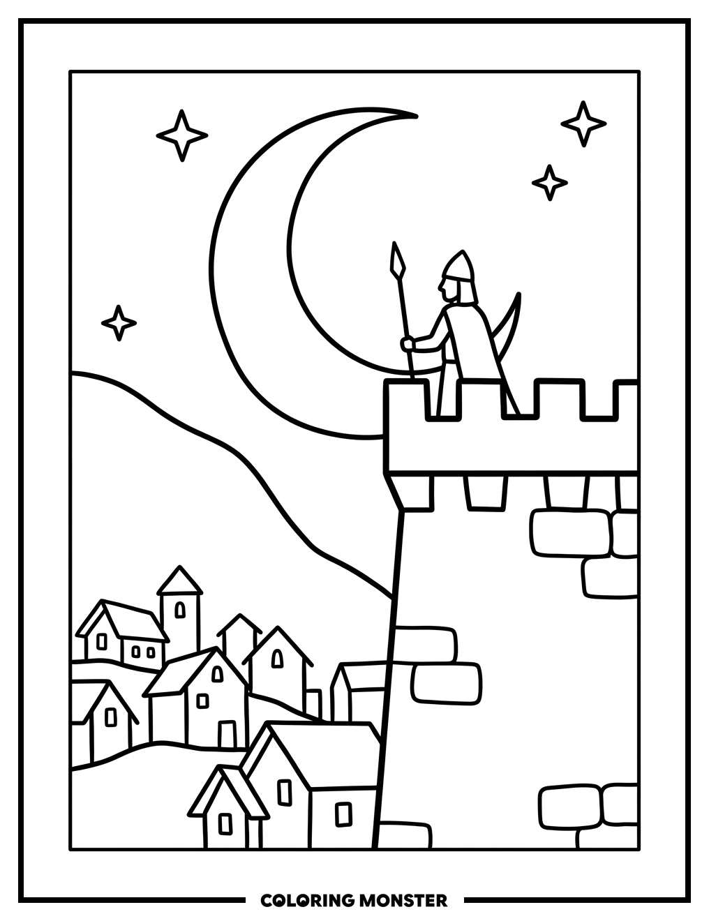 Watchman Silhouetted Against Moon Coloring Page