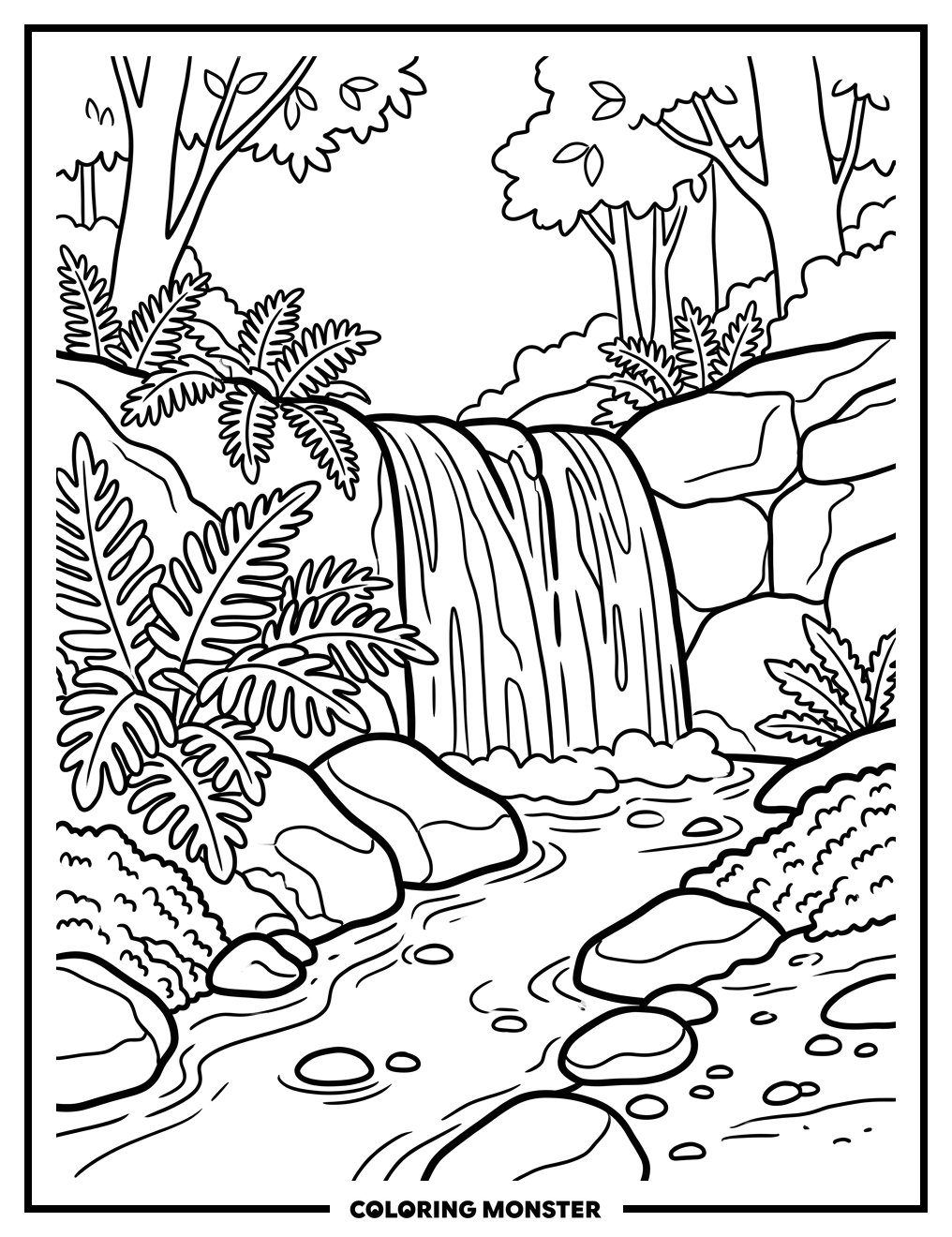 Waterfall Flowing Into Creek Coloring Page