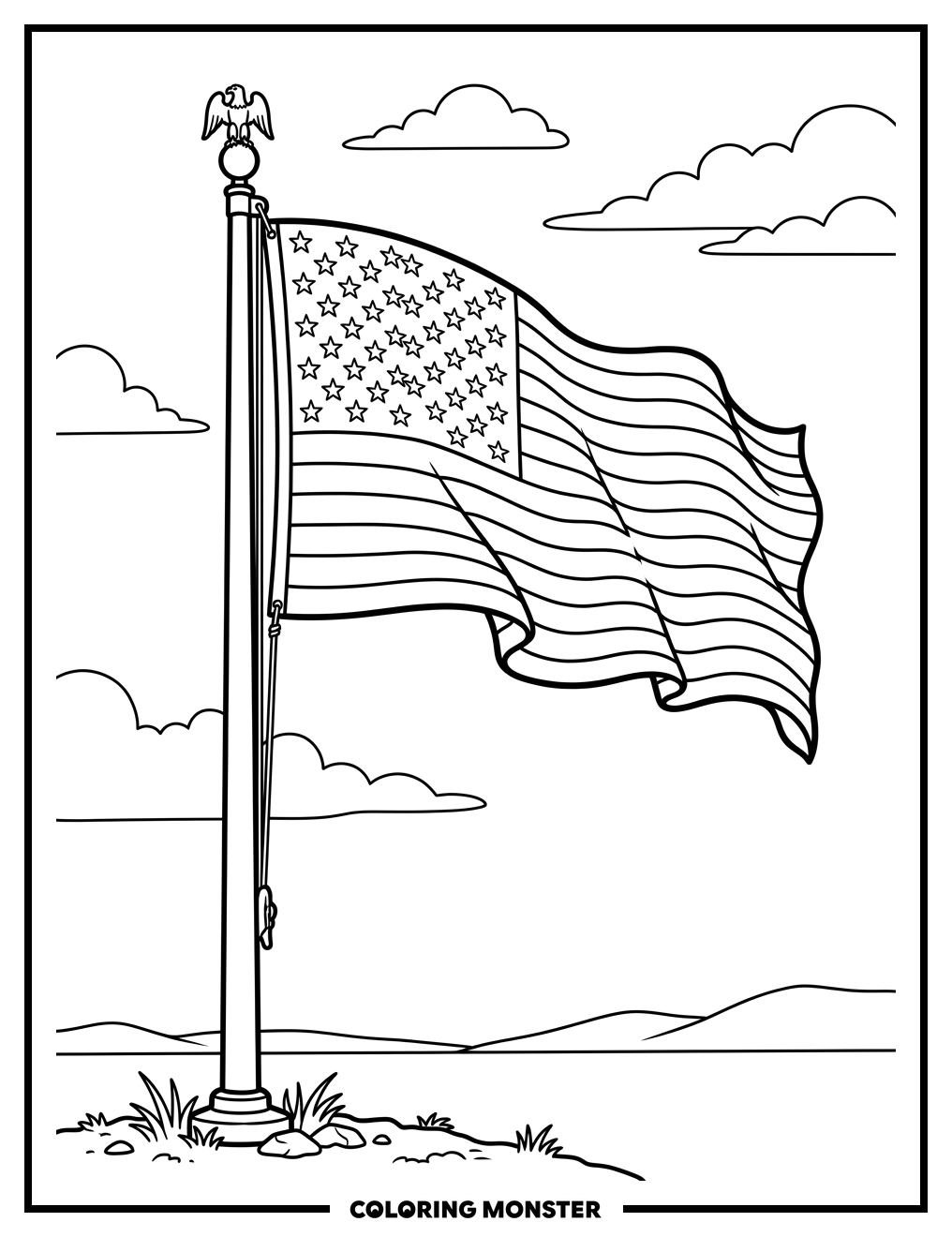 Waving American Flag On Pole Coloring Page