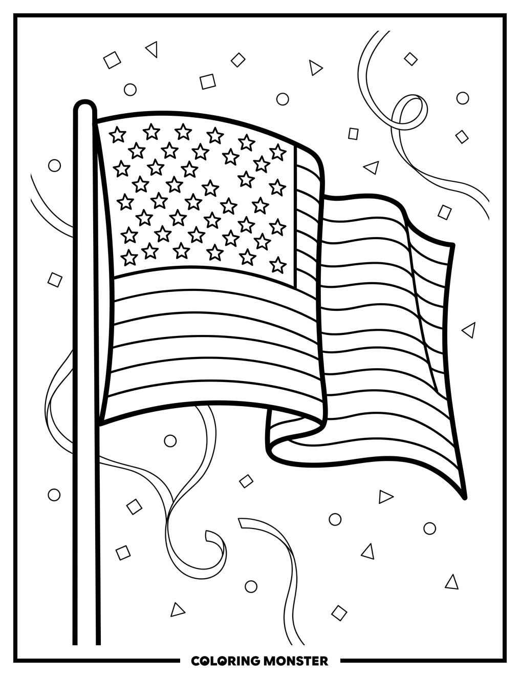 Waving American Flag with Confetti Coloring Page