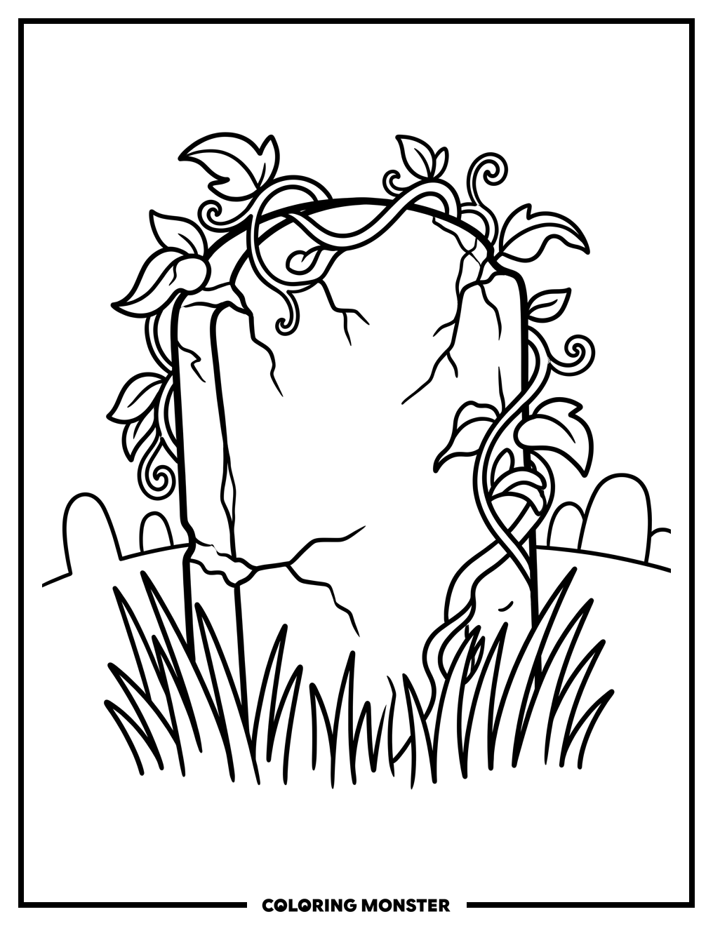Weathered Tombstone with Vines Coloring Page
