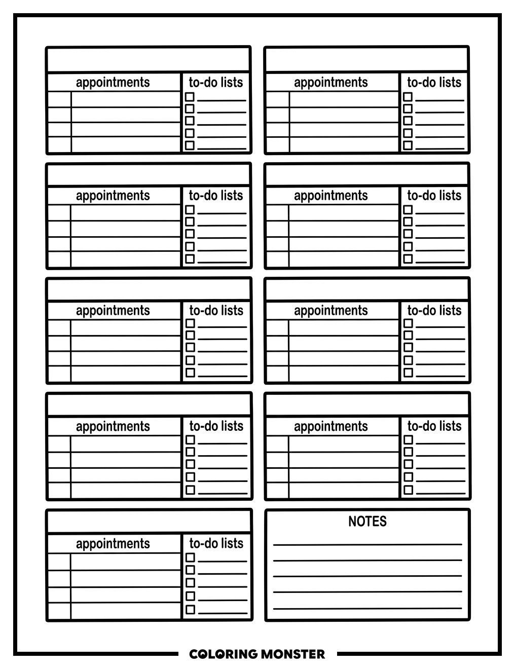 Weekly Planner Page Coloring Page