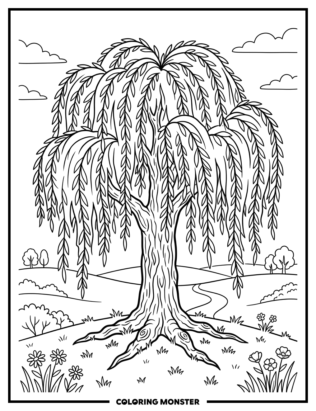 Weeping Willow Tree in Meadow Coloring Page
