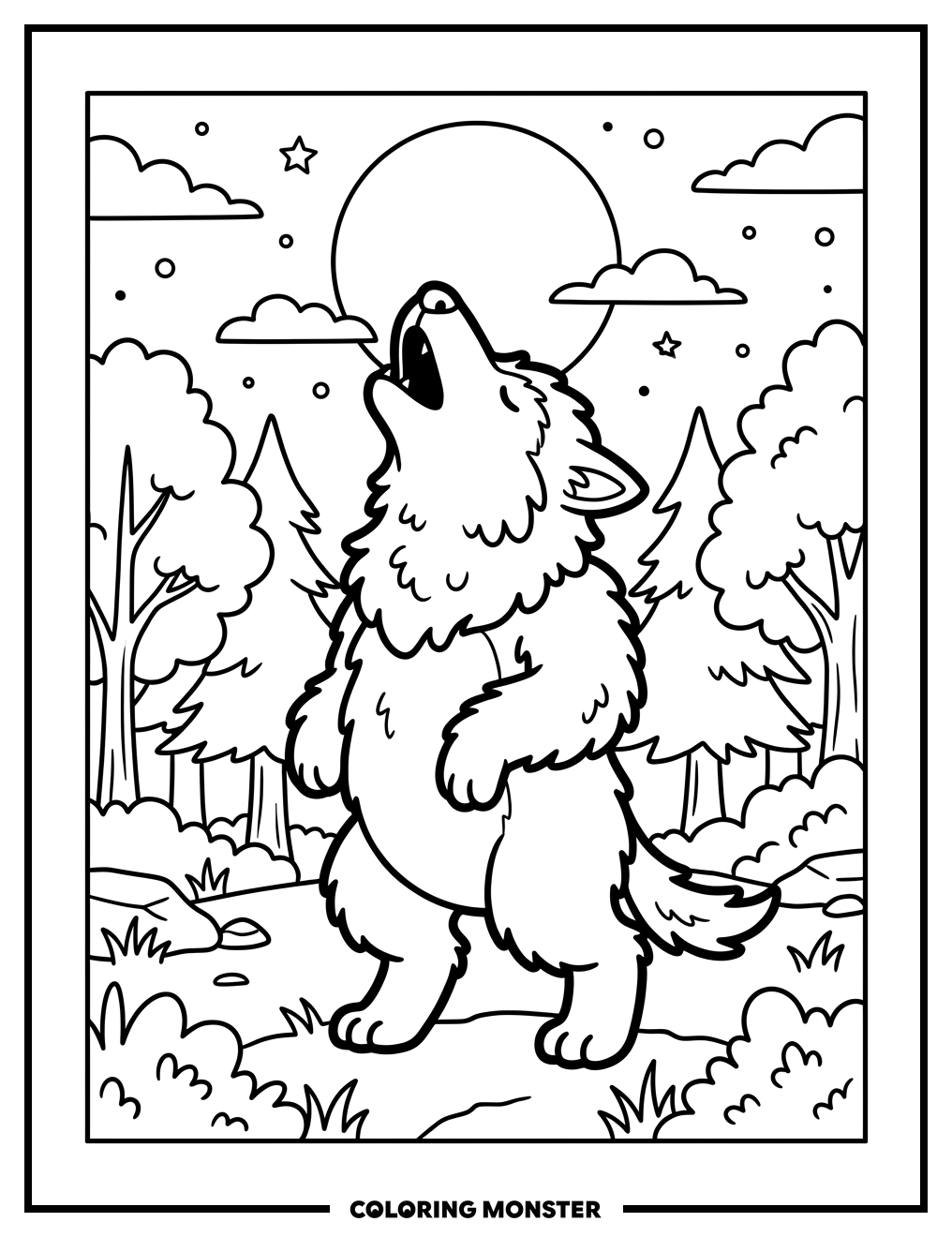 Werewolf Howling At Full Moon Coloring Page