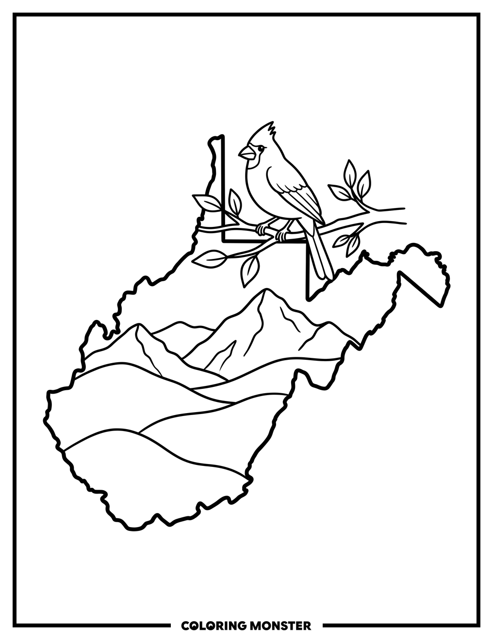 West Virginia Outline With Cardinal Coloring Page