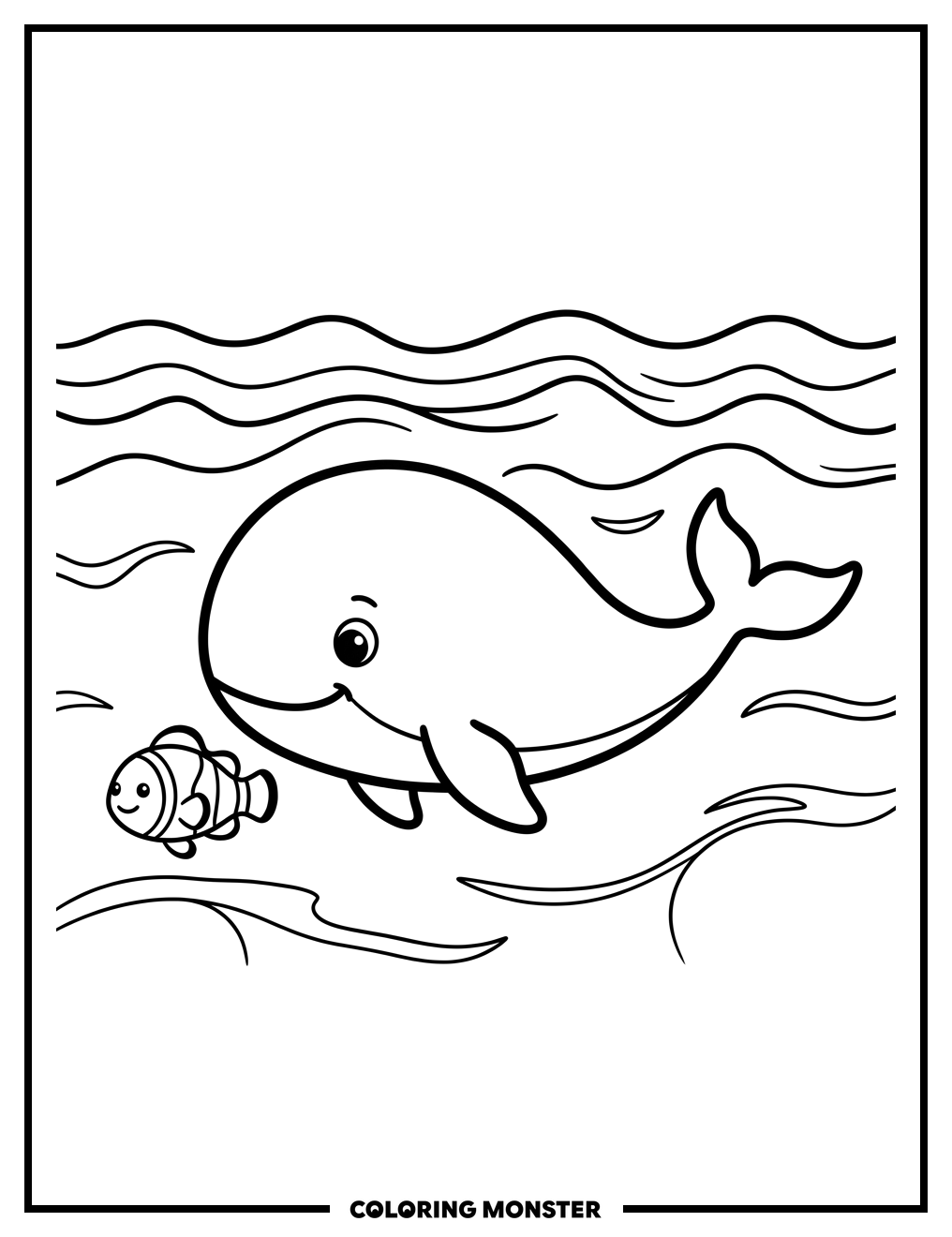 Whale and Clownfish in Ocean Coloring Page