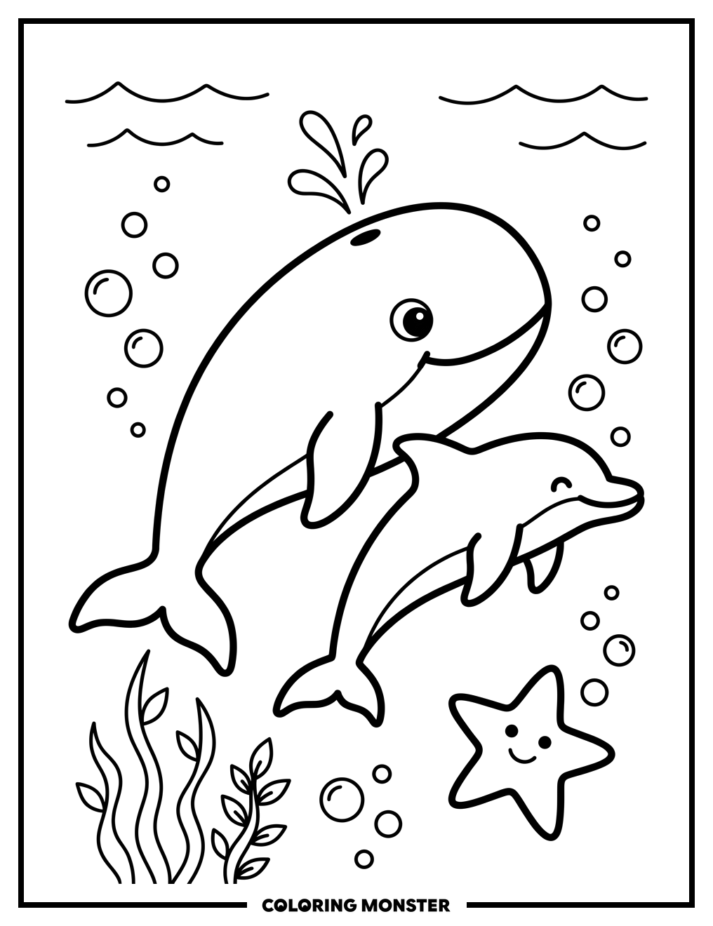Whale, Dolphin, and Starfish Friends Coloring Page