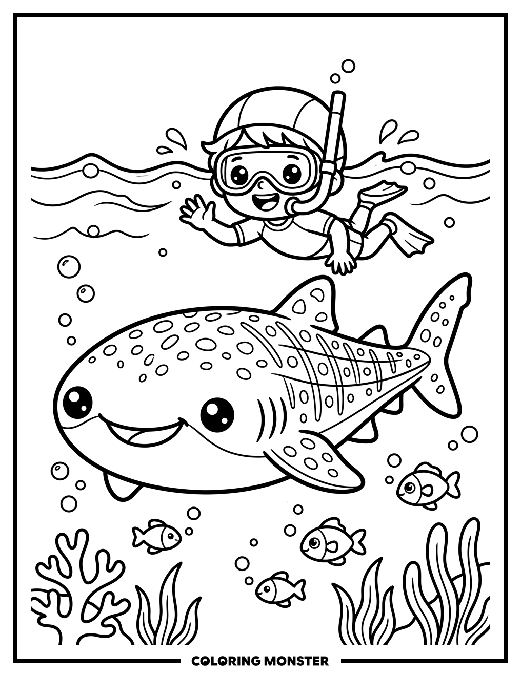 Whale Shark and Child Snorkeling Coloring Page