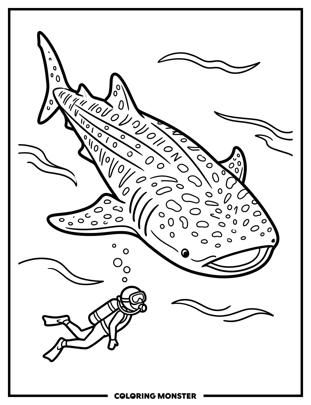 Whale Shark and Scuba Diver Coloring Page