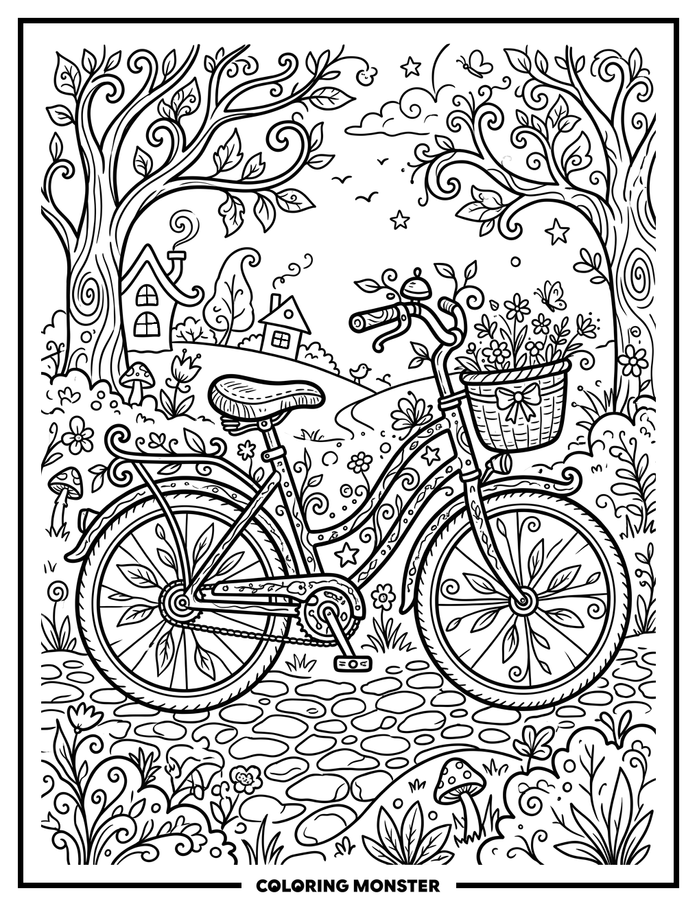 Whimsical Bicycle Ready For Adventure Coloring Page