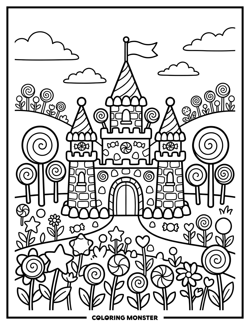 Whimsical Candy Castle Coloring Page