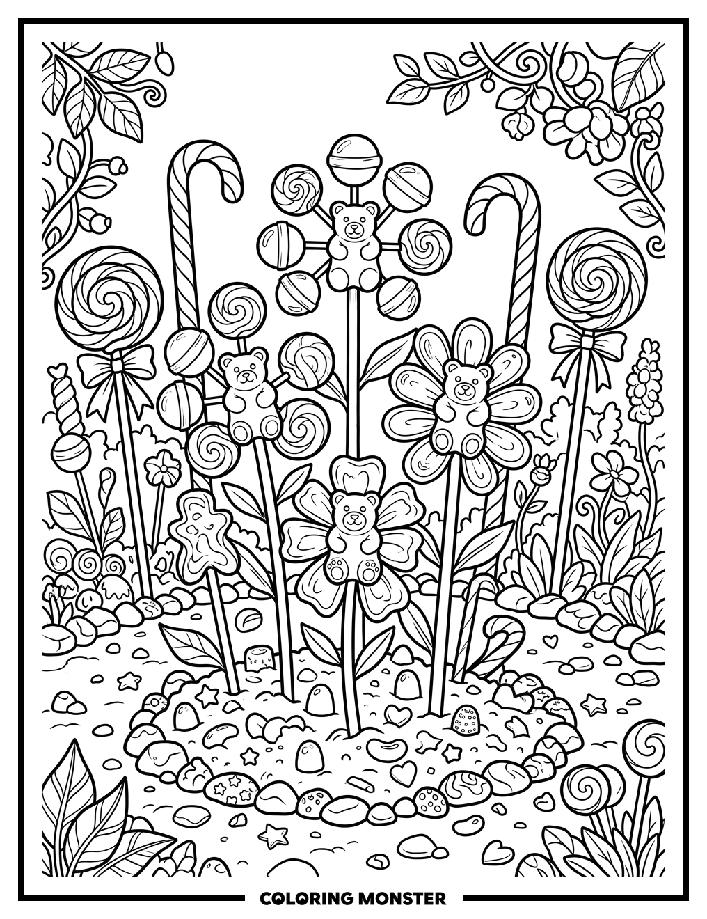 Whimsical Candy Flower Garden Coloring Page