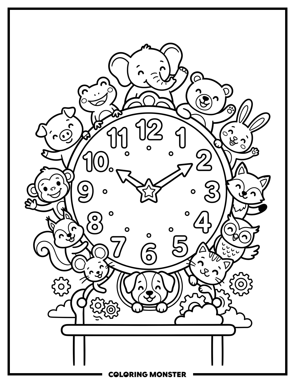 Whimsical Clock with Cute Animals Coloring Page