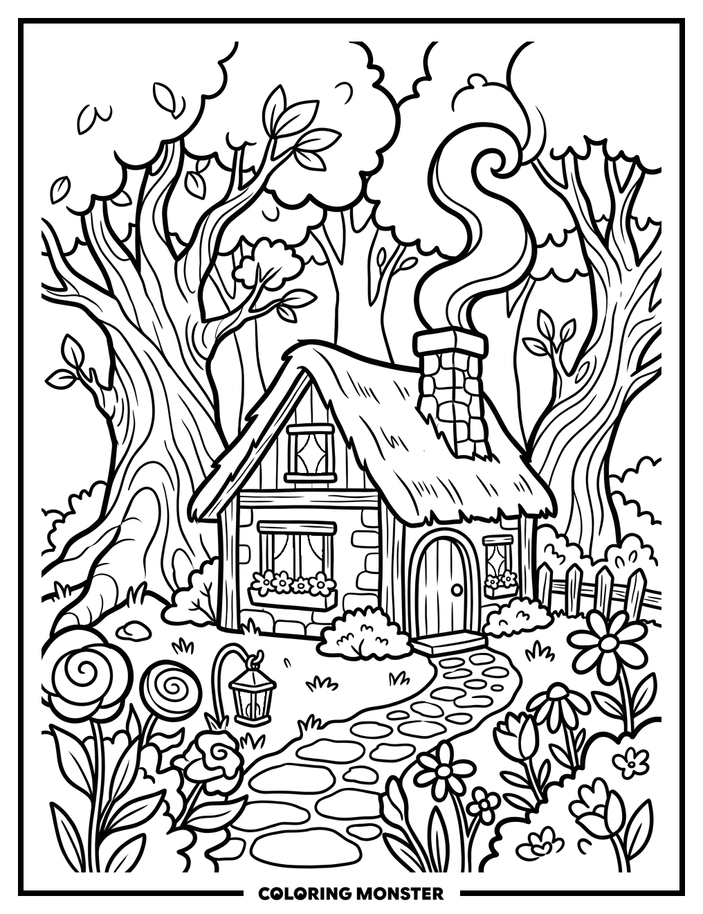 Whimsical Cottage Among Ancient Trees Coloring Page