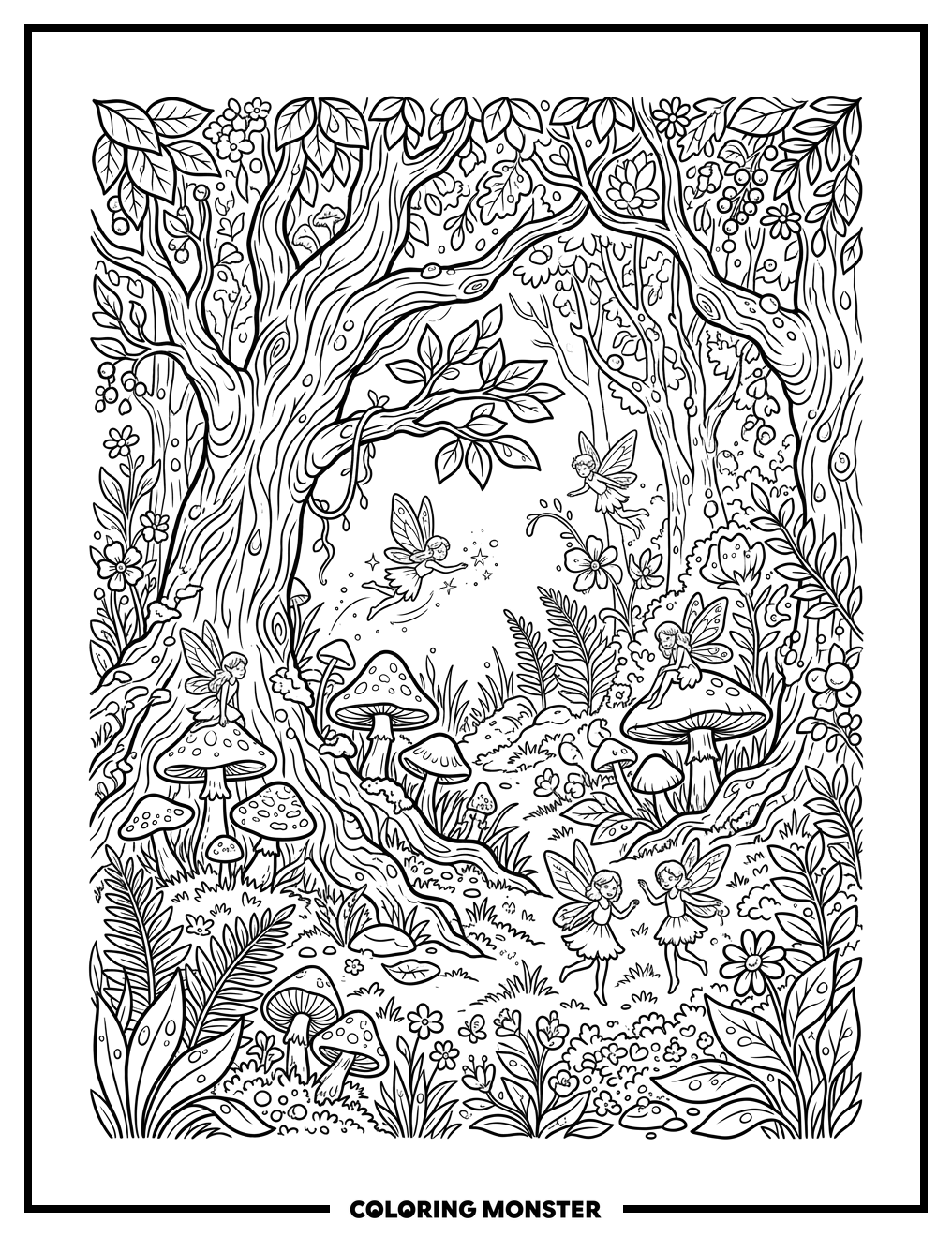 Whimsical Fairy Forest Clearing Coloring Page
