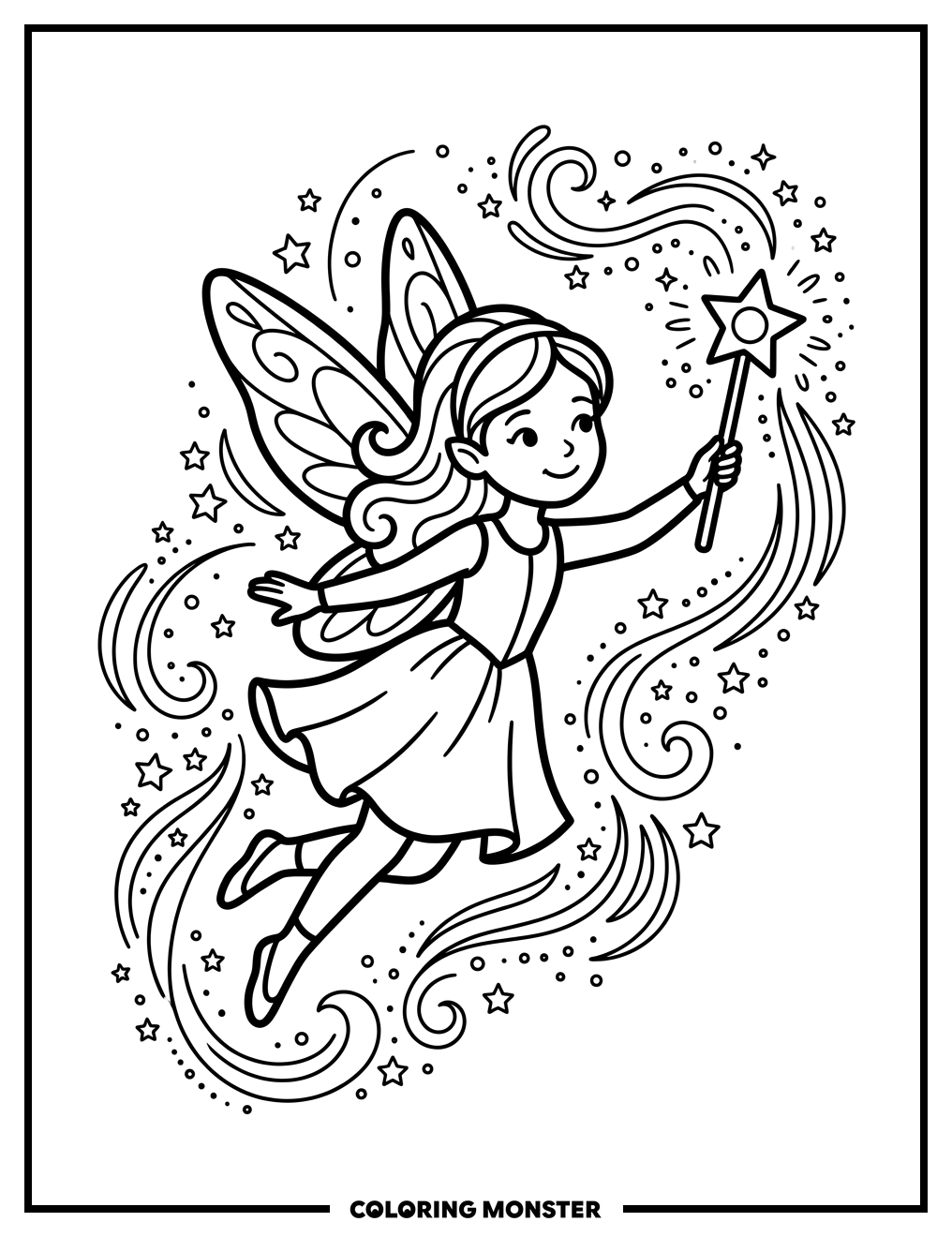 Whimsical Fairy in Flight Coloring Page