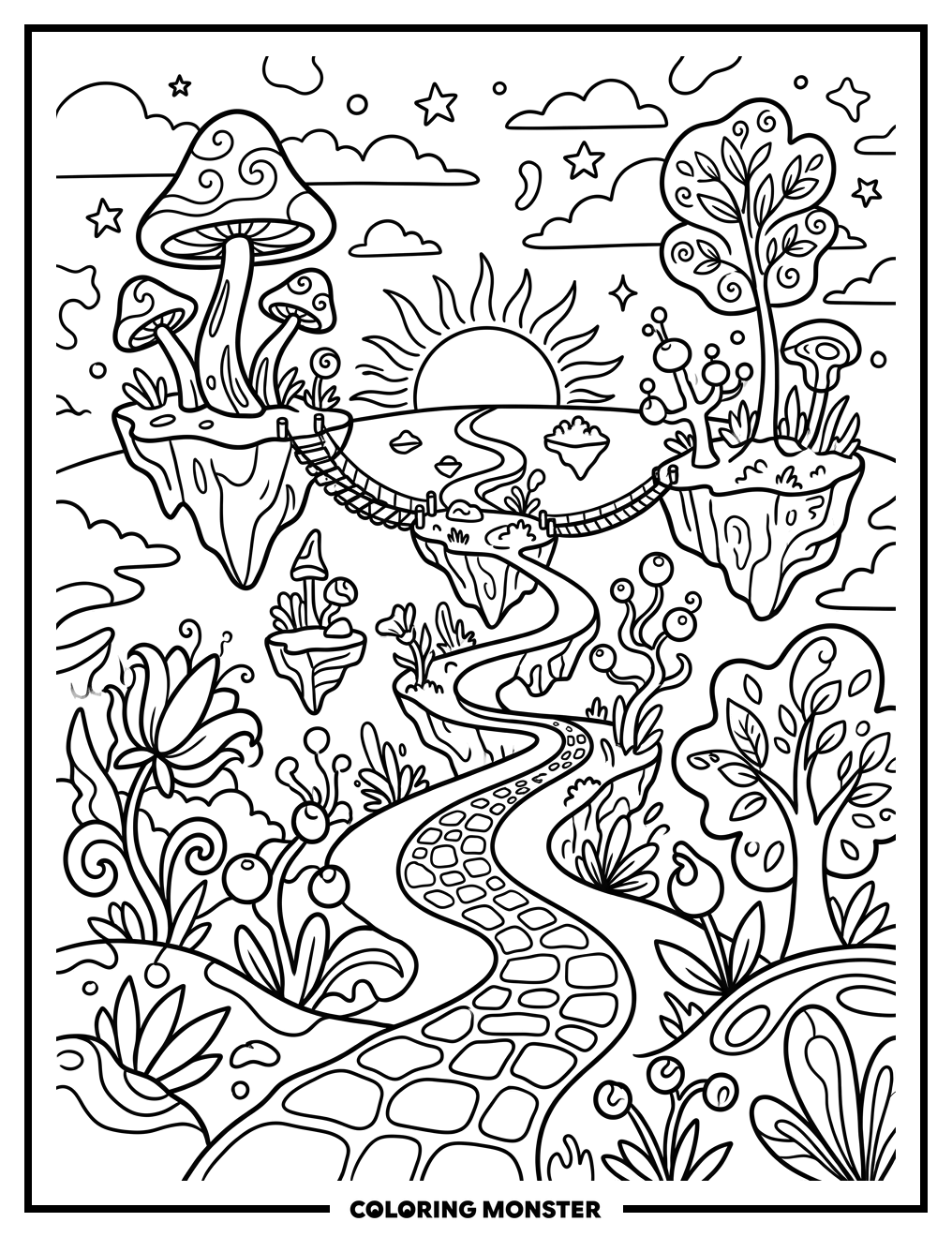 Whimsical Floating Islands Landscape Coloring Page