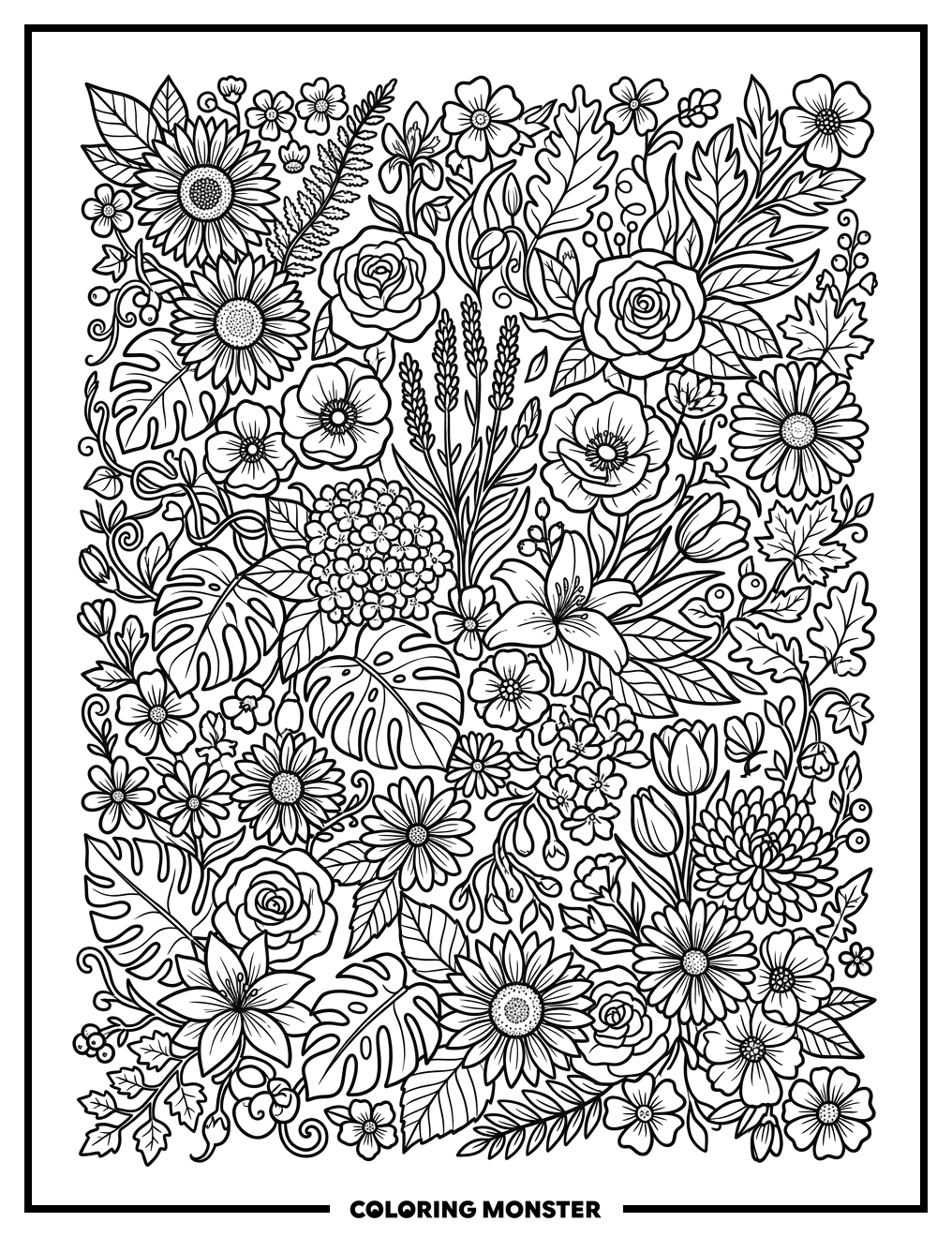 Whimsical Floral Collage Coloring Page
