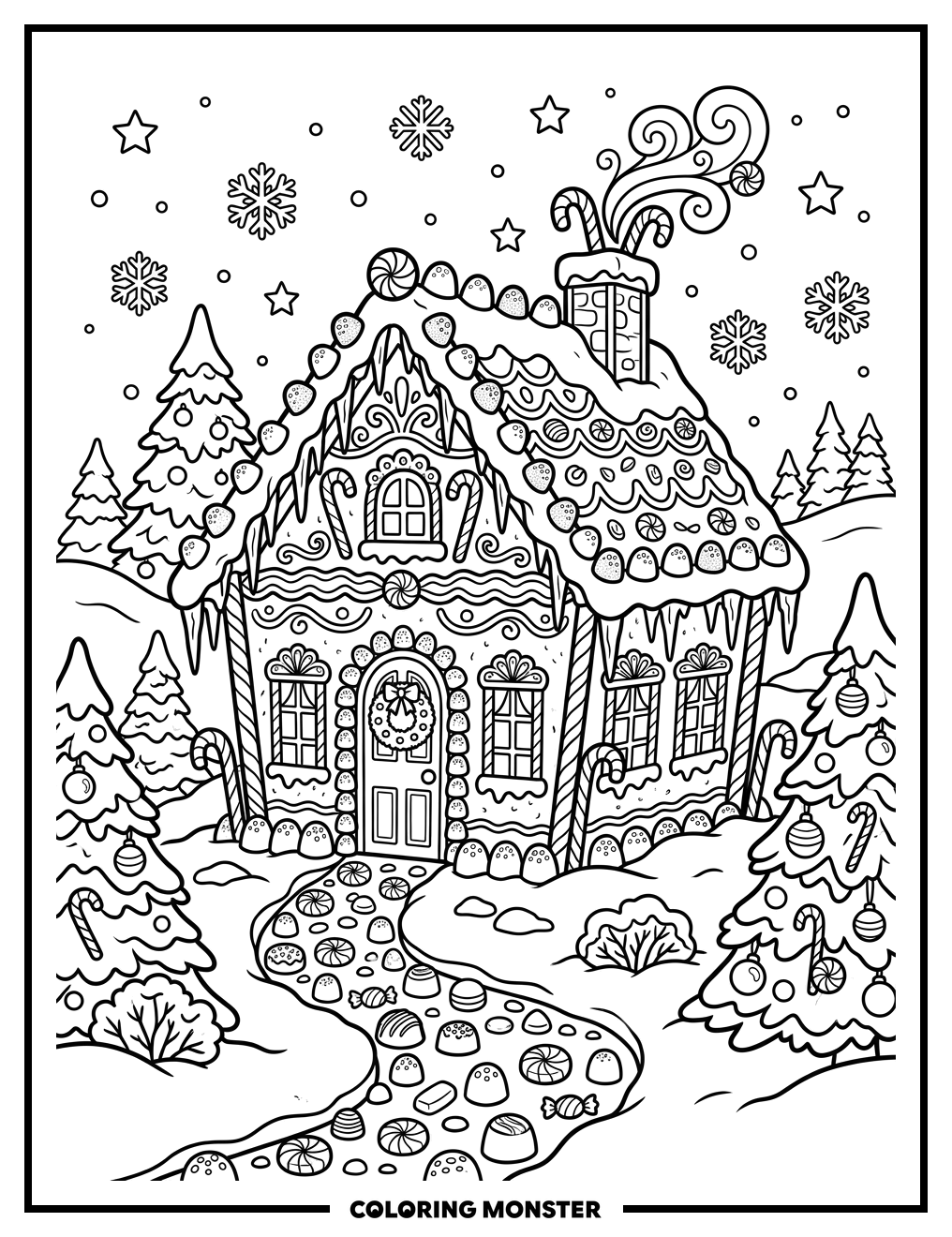 Whimsical Gingerbread House in Snow Coloring Page