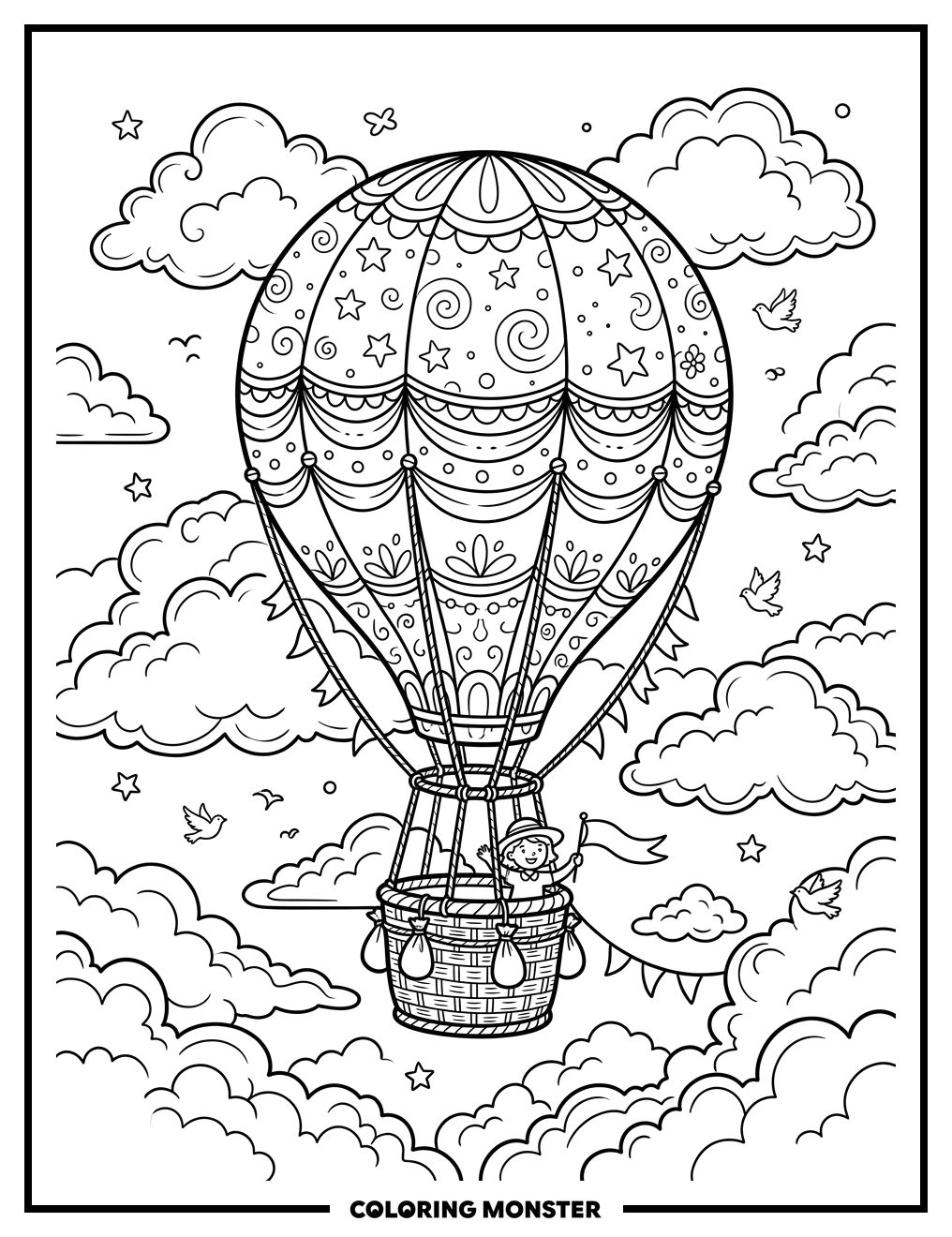 Whimsical Hot Air Balloon Among Clouds Coloring Page