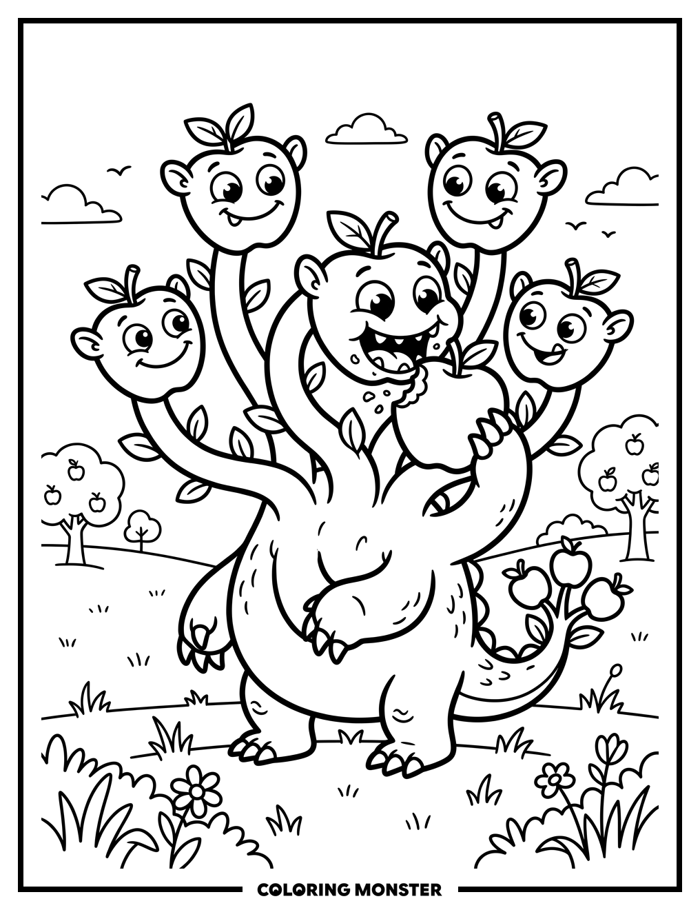 Whimsical Hydrapple Monster Eating an Apple Coloring Page