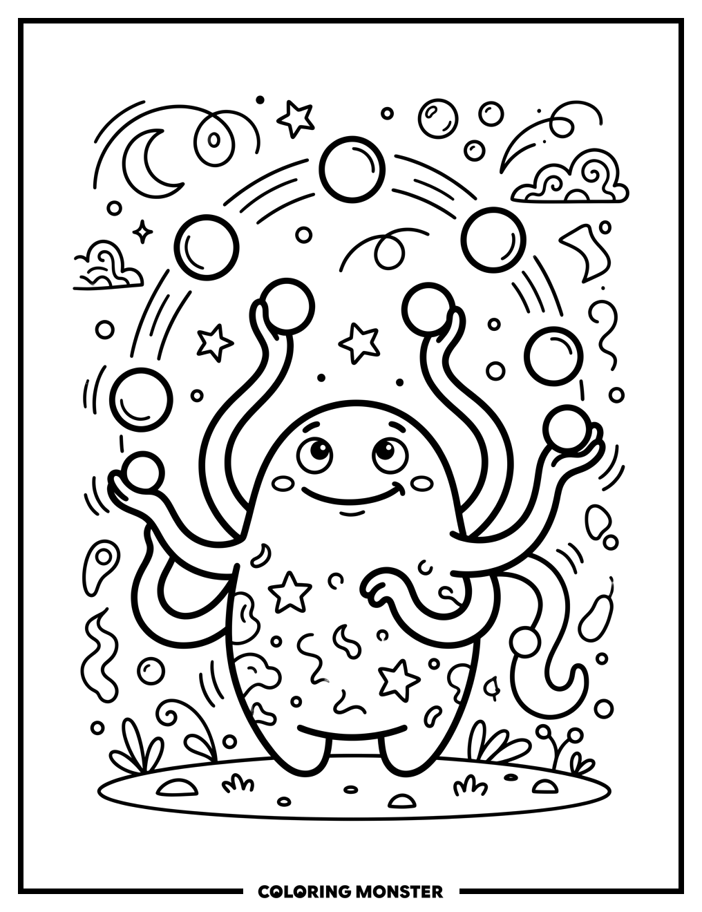 Whimsical Juggler Creature Coloring Page