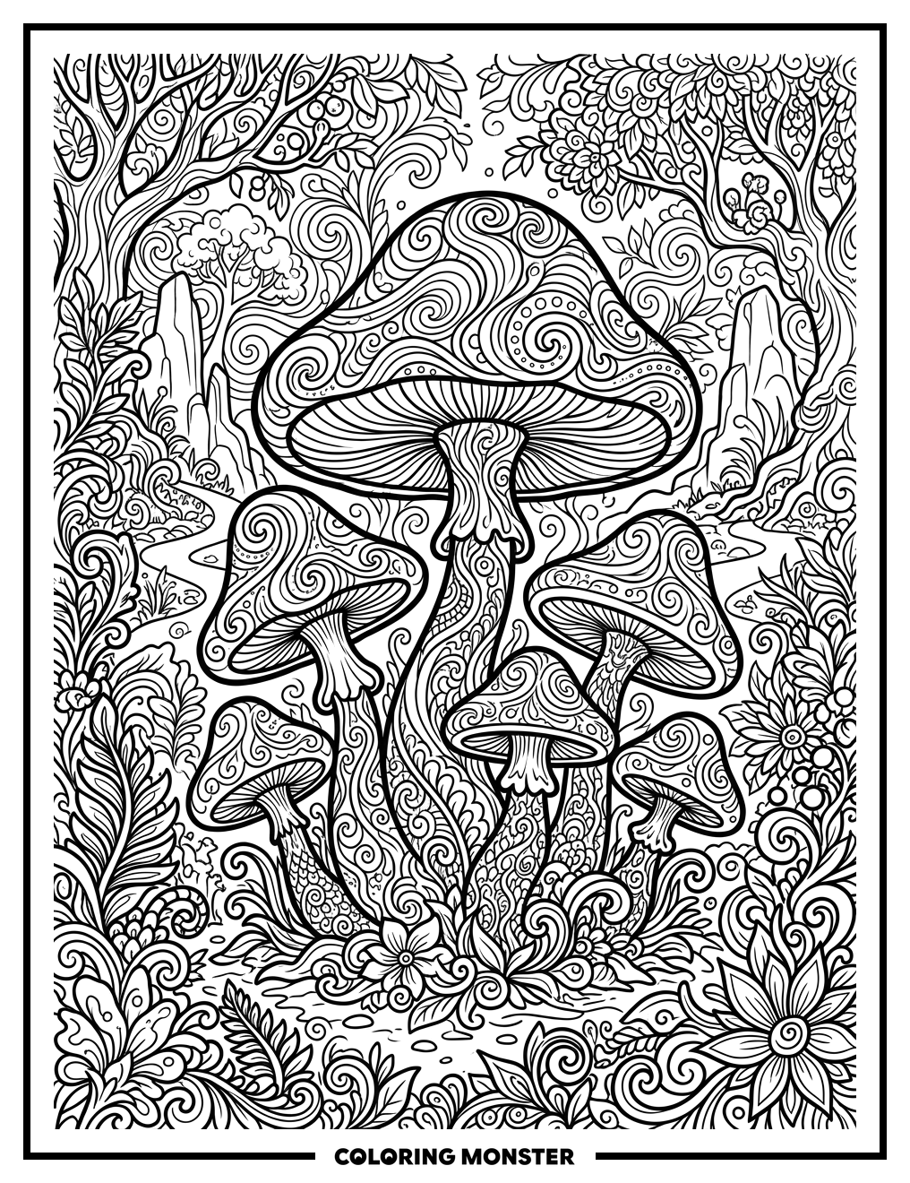Whimsical Mushroom Forest Clearing Coloring Page
