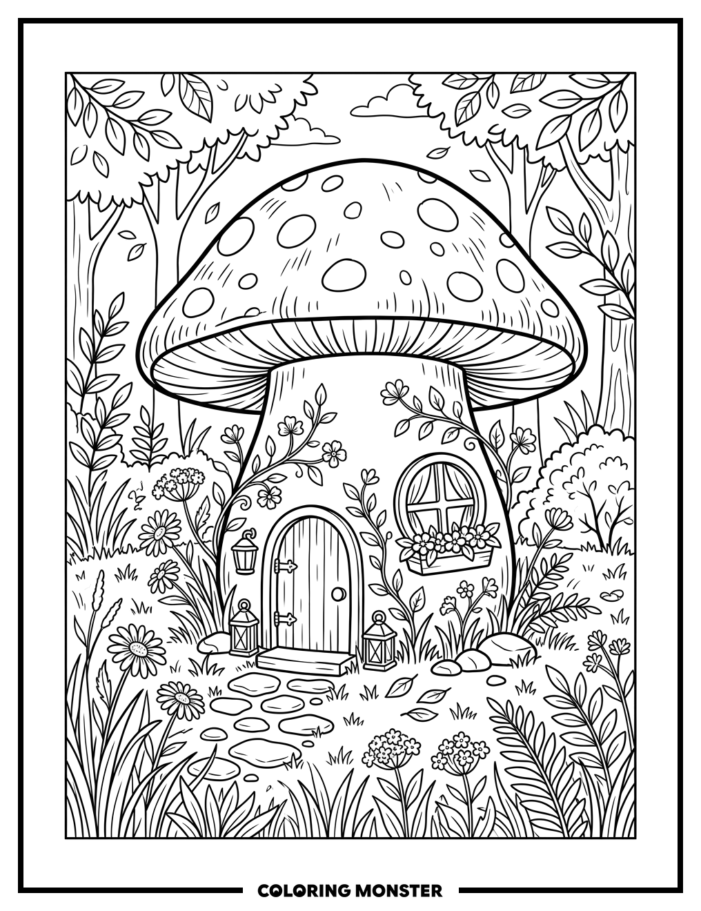 Whimsical Mushroom House Coloring Page