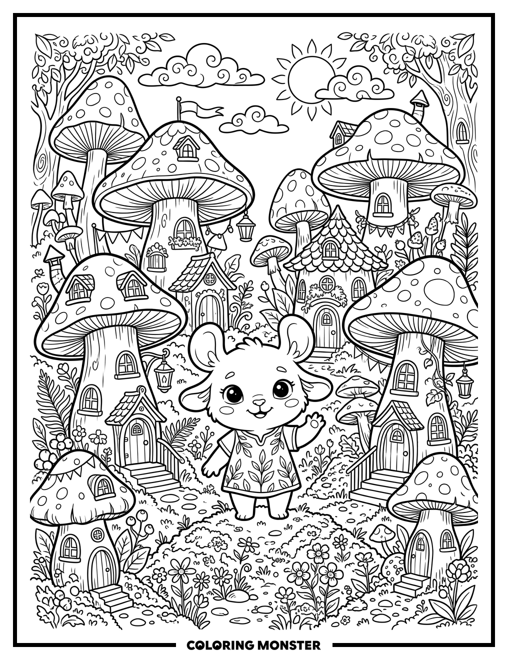 Whimsical Mushroom Village Coloring Page