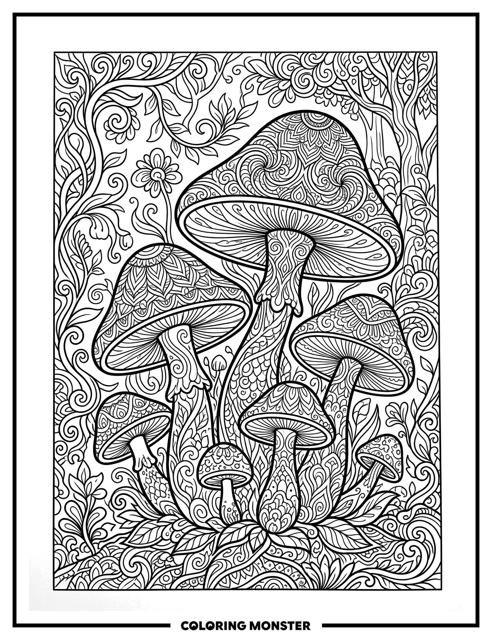 Whimsical Mushrooms in Psychedelic Forest Coloring Page