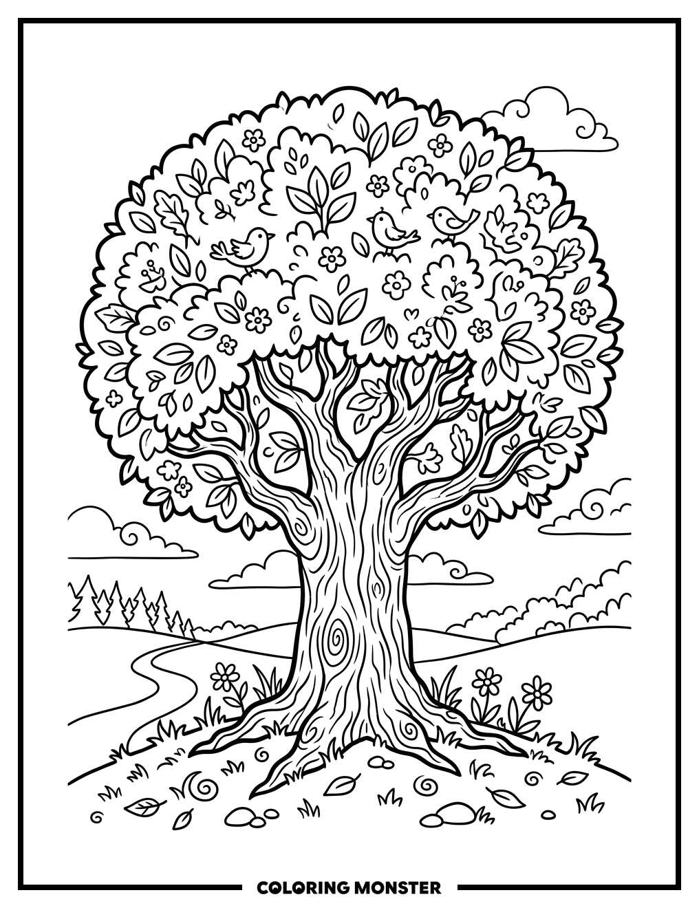 Whimsical Storybook Tree Coloring Page