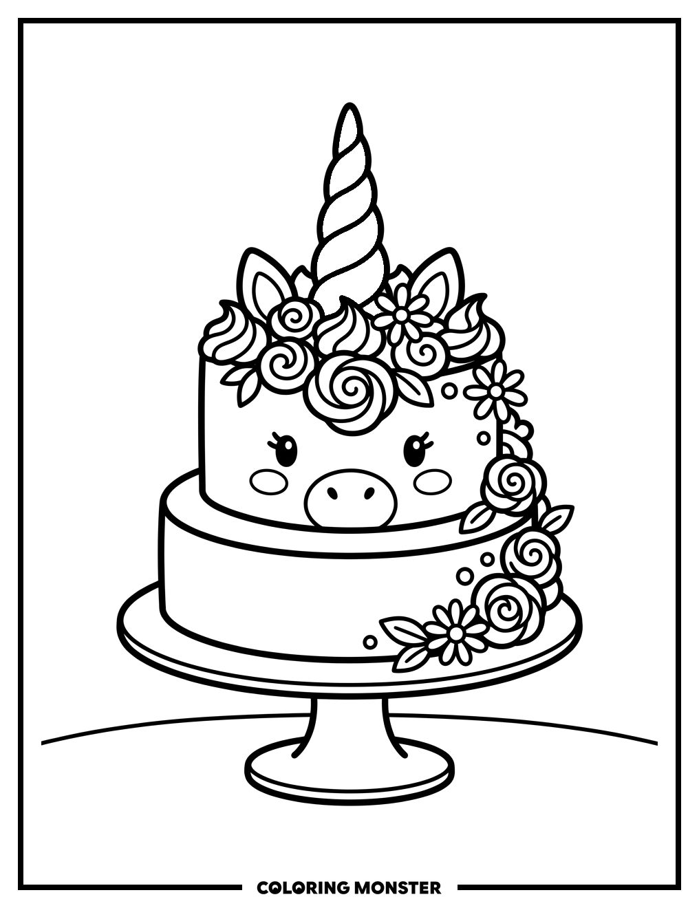 Whimsical Unicorn Cake Coloring Page