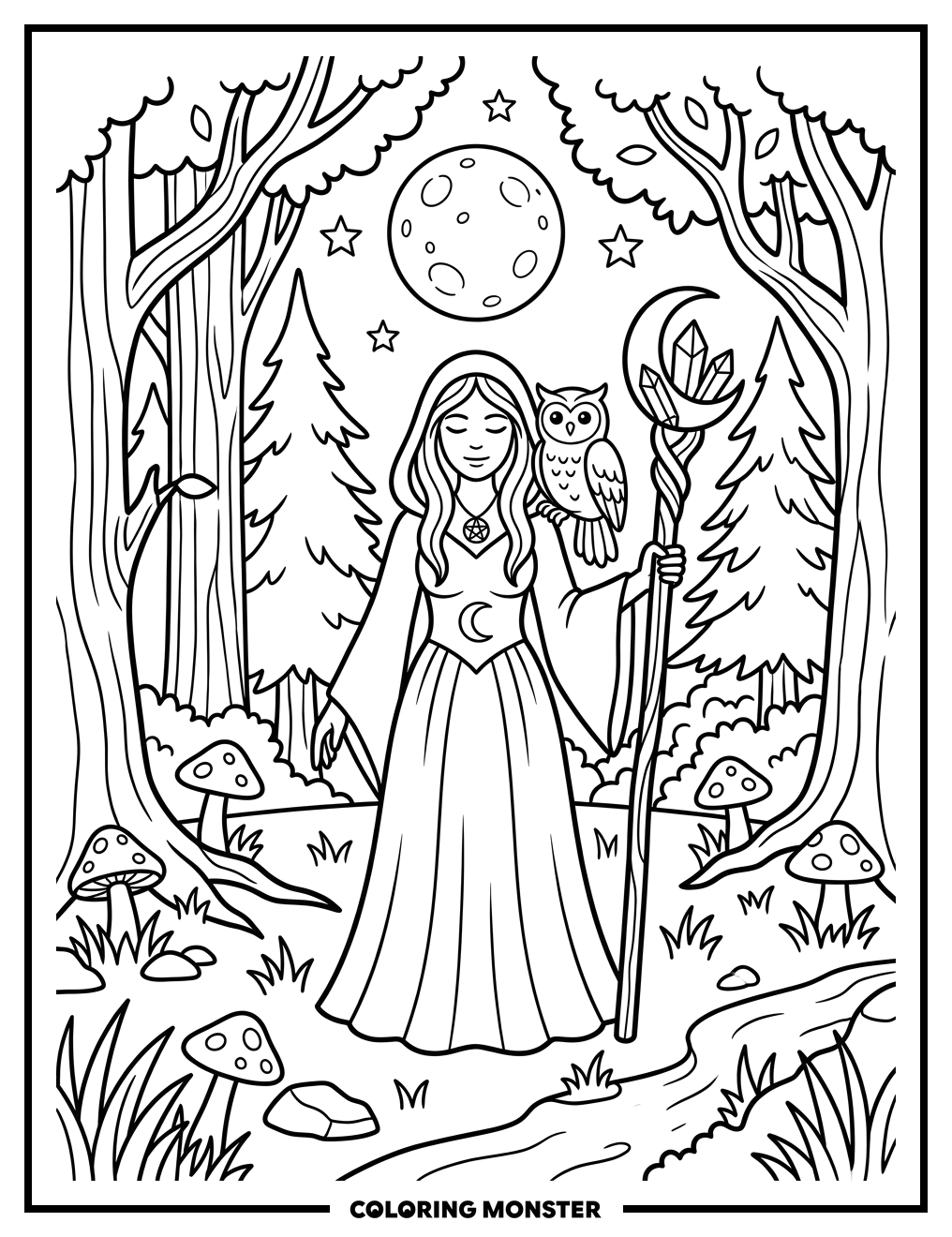 Wiccan Goddess in Moonlit Forest Coloring Page