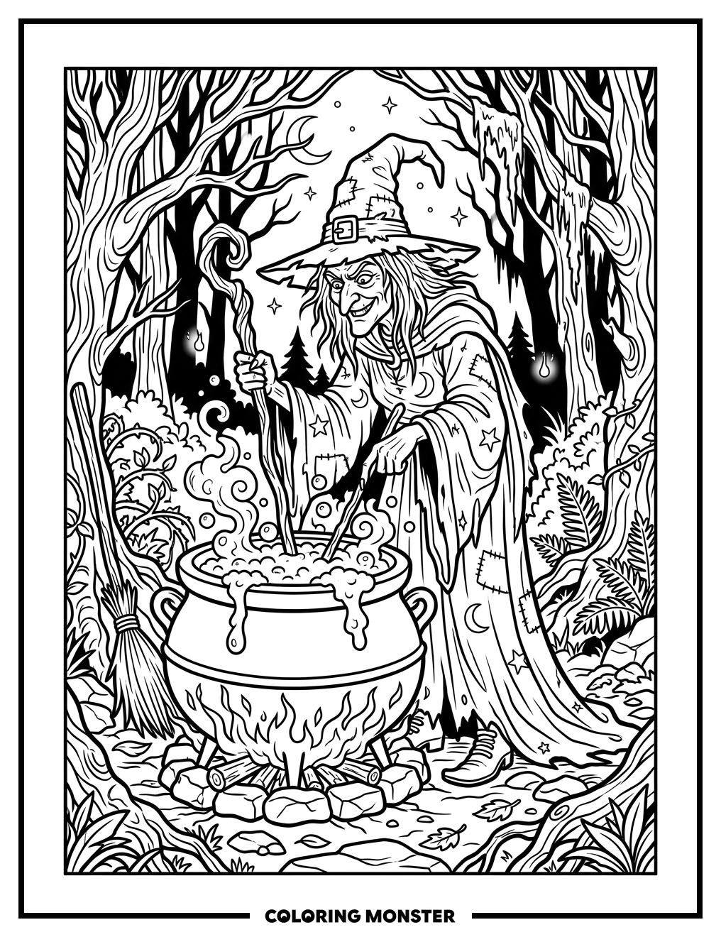 Wicked Witch and Bubbling Cauldron Coloring Page