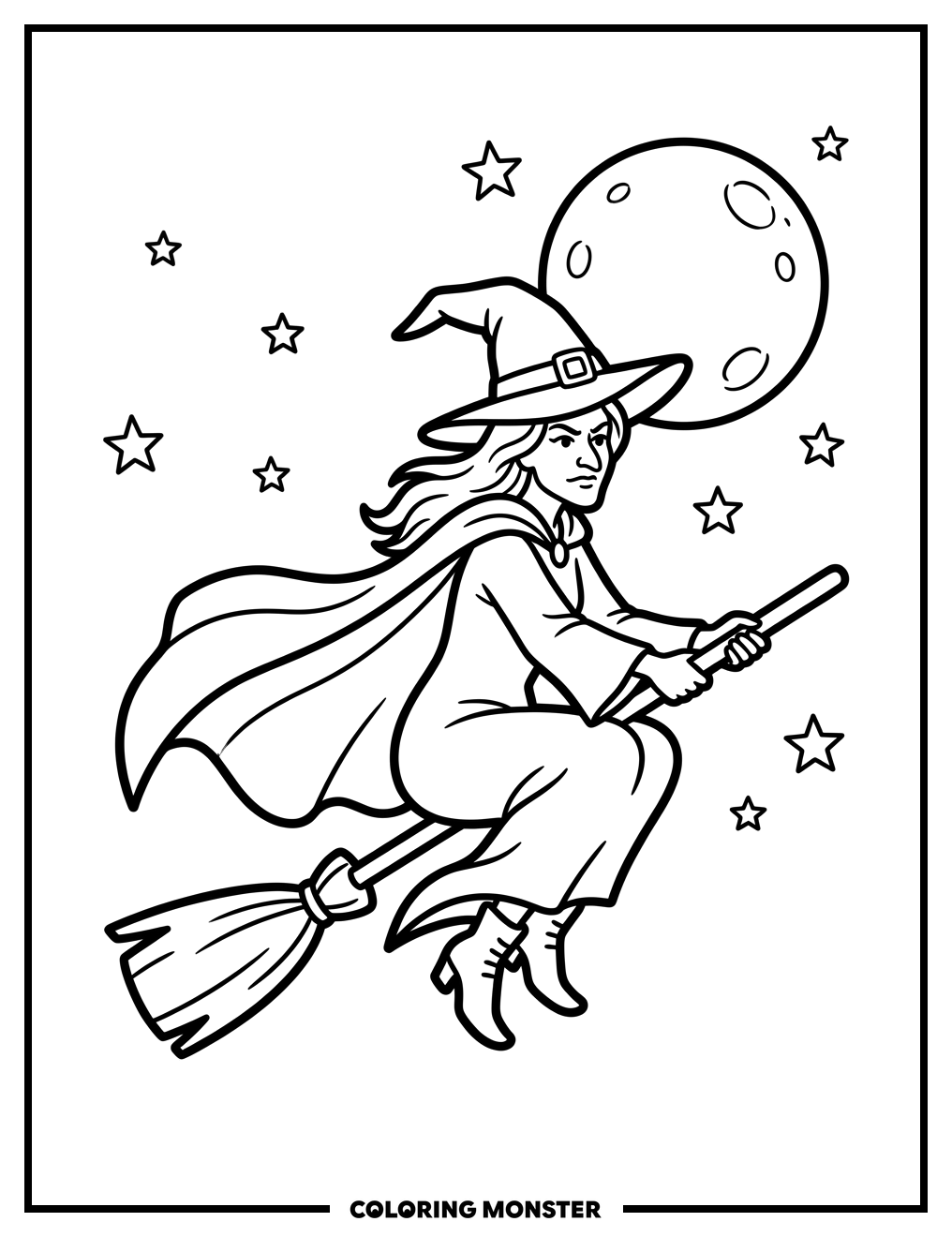 Wicked Witch Flying at Night Coloring Page
