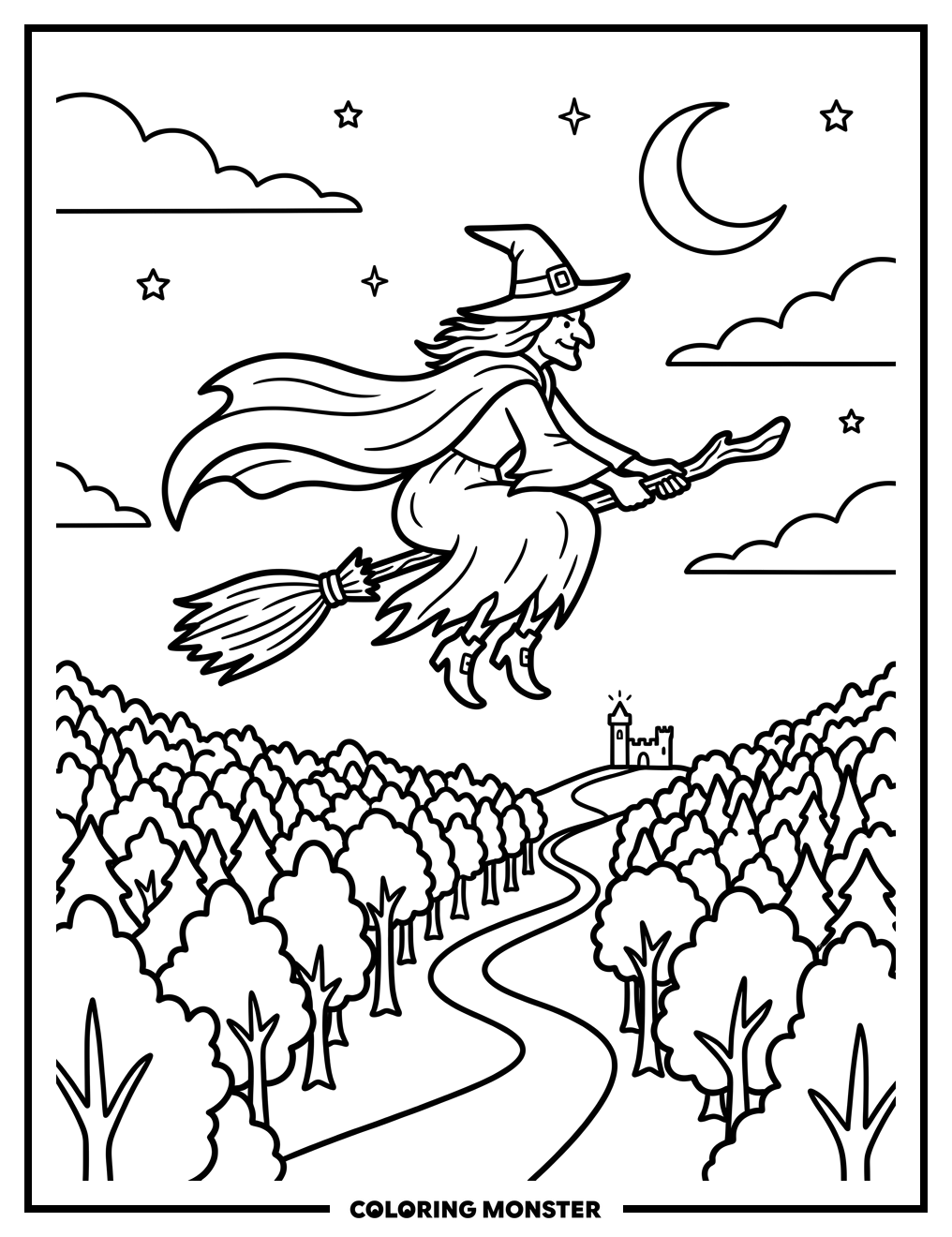 Wicked Witch Flying on Broomstick Coloring Page