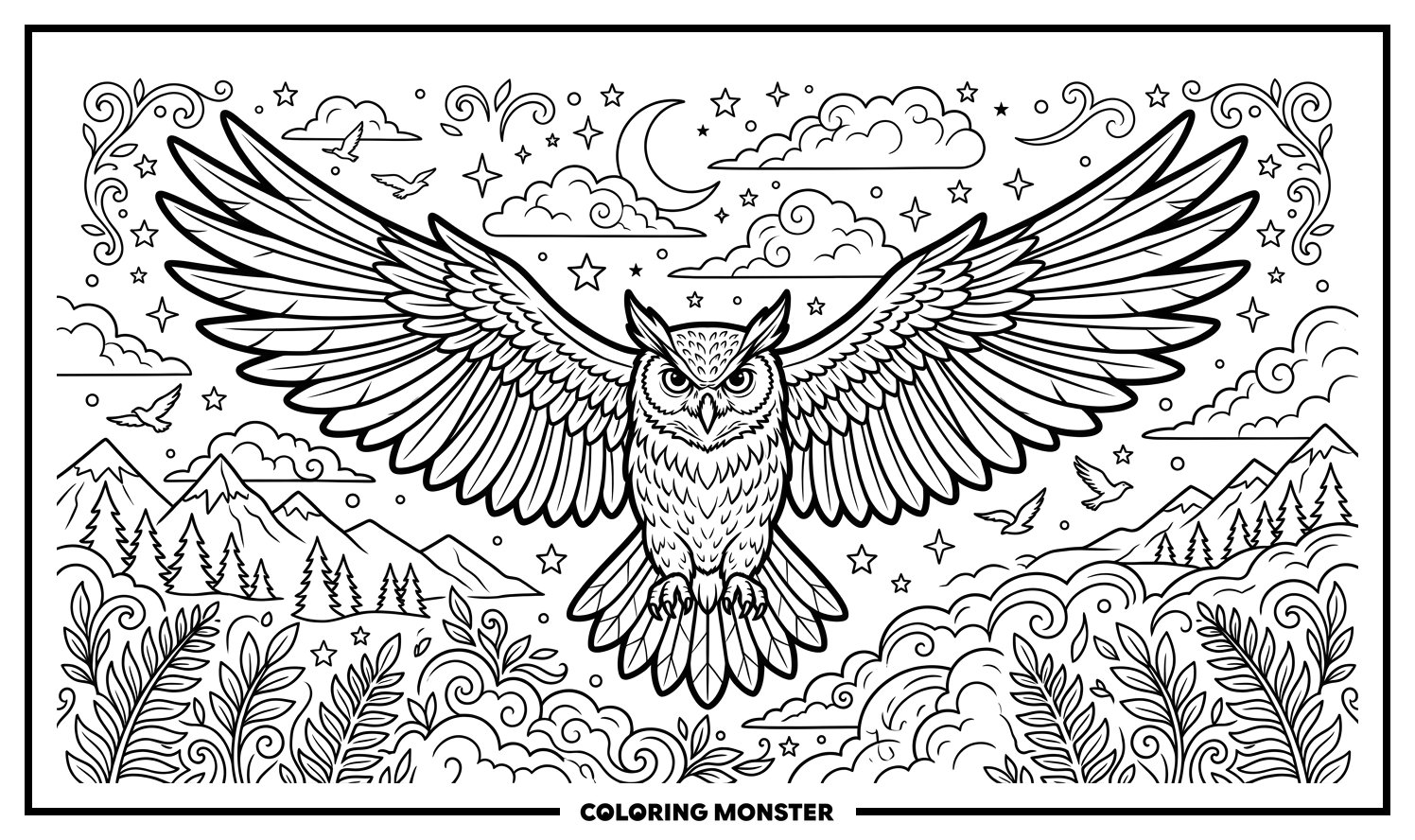 Wide Owl In Flight Coloring Page