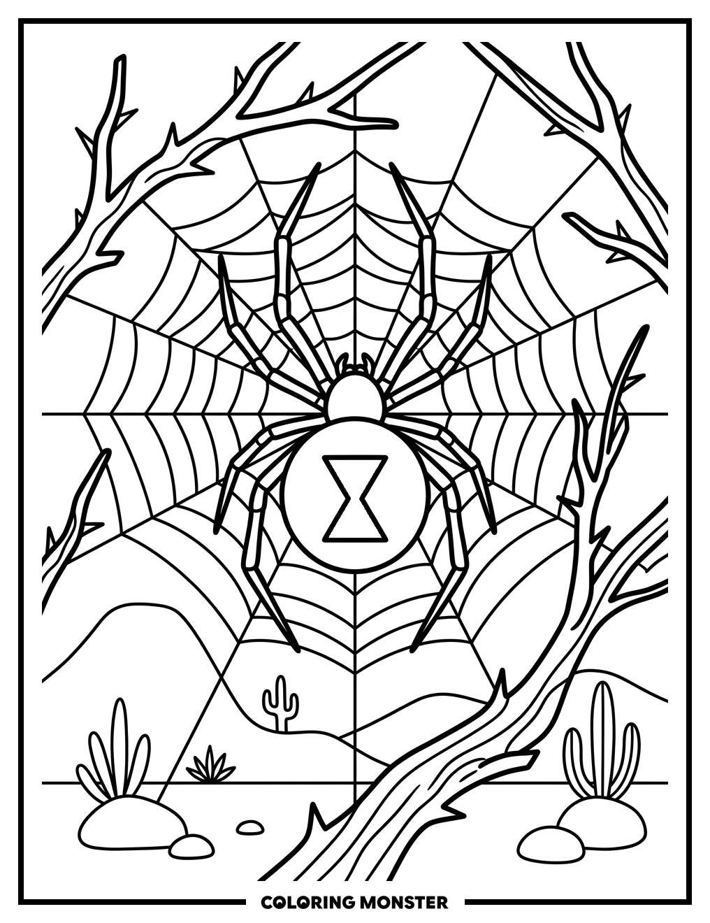 Widow Spider in Desert Web Coloring Page