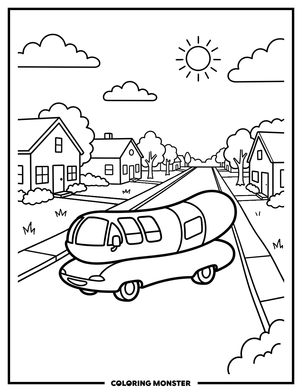 Wienermobile on Suburban Street Coloring Page
