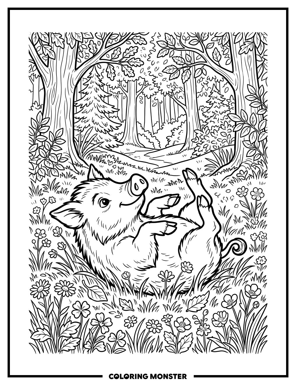Wild Boar Piglet Rolling in Forest Meadow Coloring Page