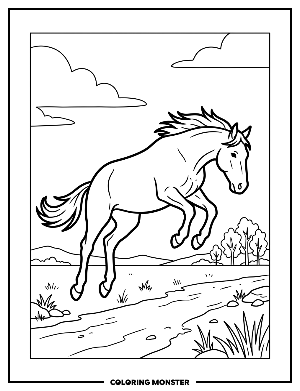 Wild Horse Bucking in Wyoming Landscape Coloring Page