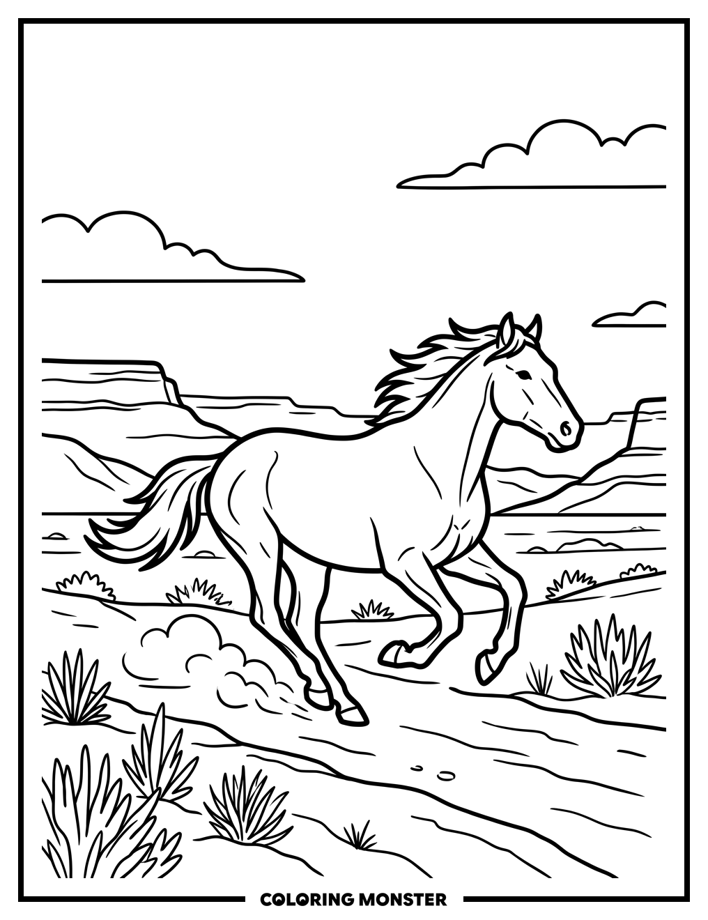 Wild Horse Galloping in Desert Coloring Page