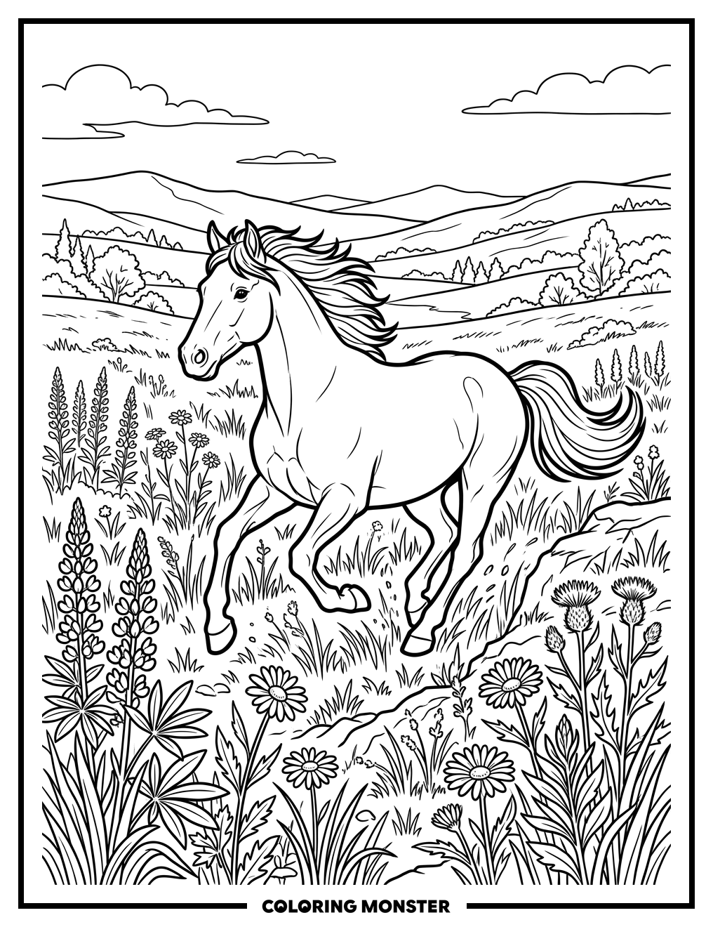 Wild Horse Galloping Through Meadow Coloring Page