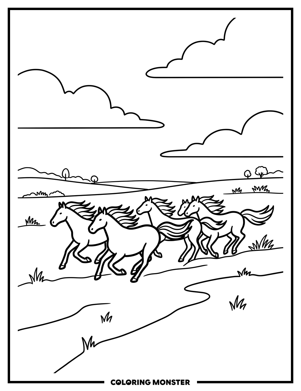 Wild Horses Galloping Across a Grassy Plain Coloring Page