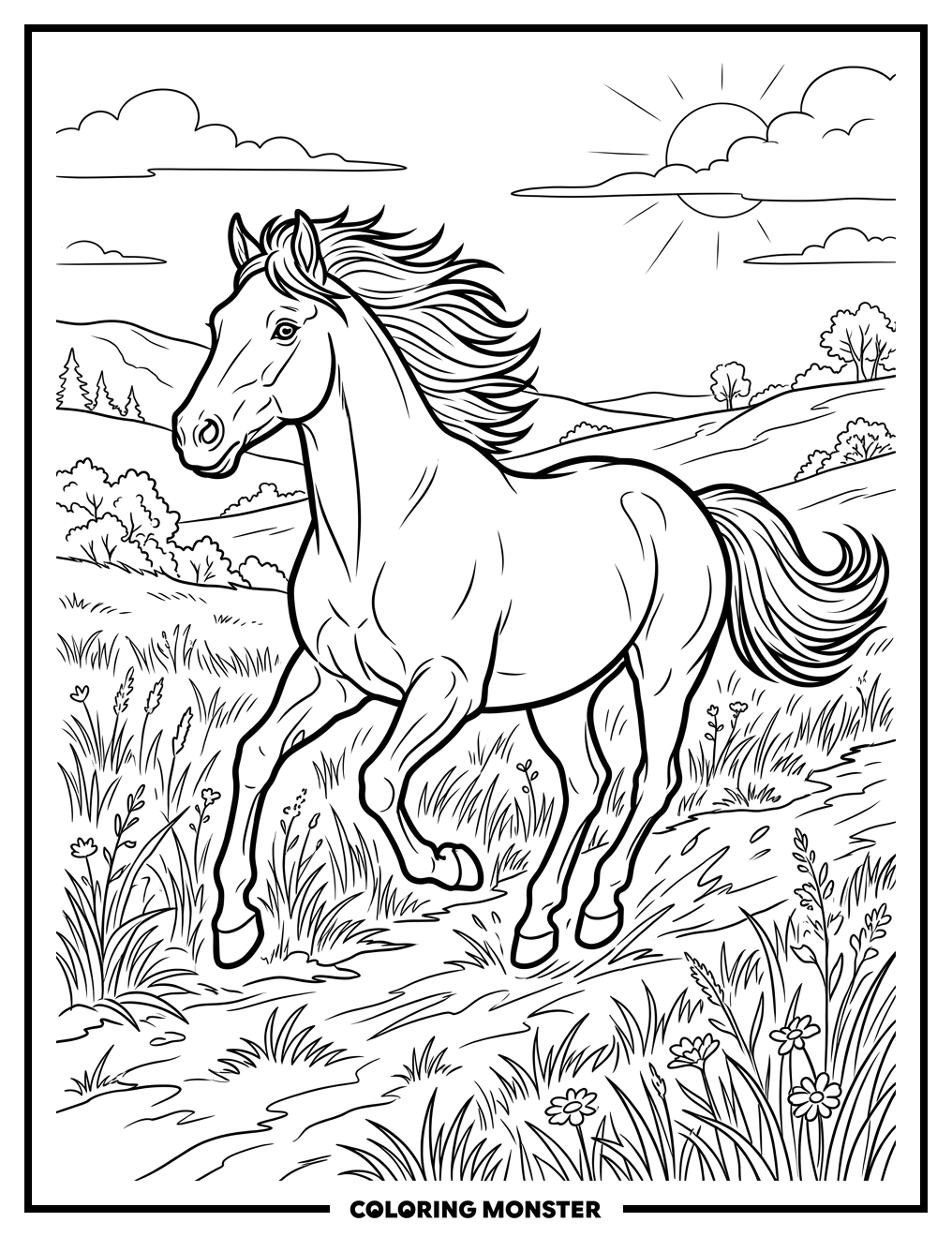 Wild Mustang Galloping Free Coloring Page
