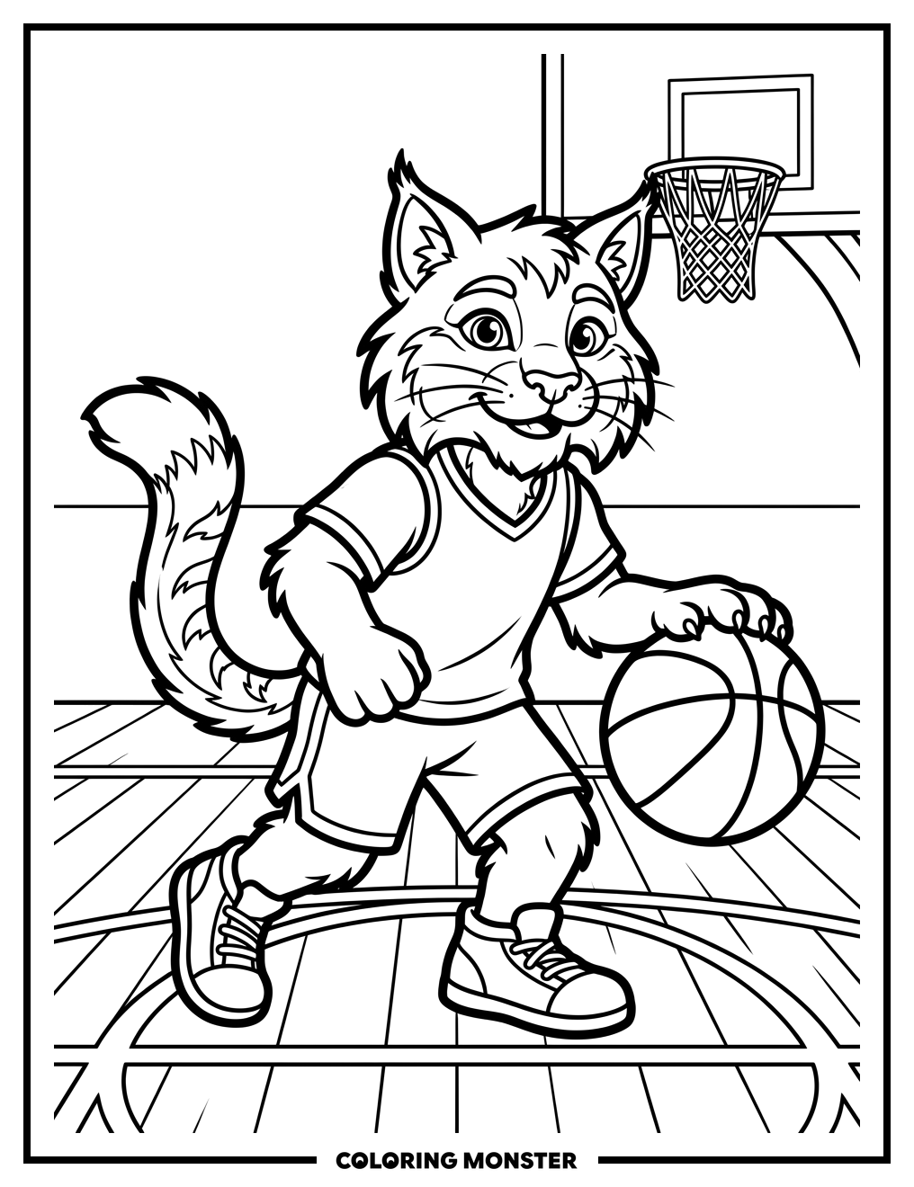 Wildcat Mascot Dribbling Basketball Coloring Page