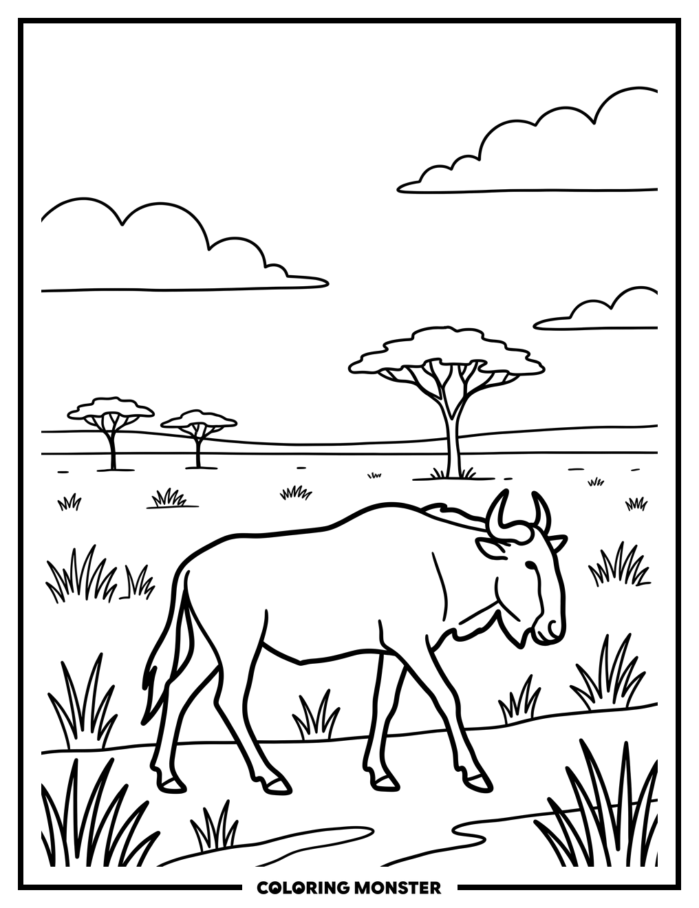 Wildebeest on African Savanna Coloring Page